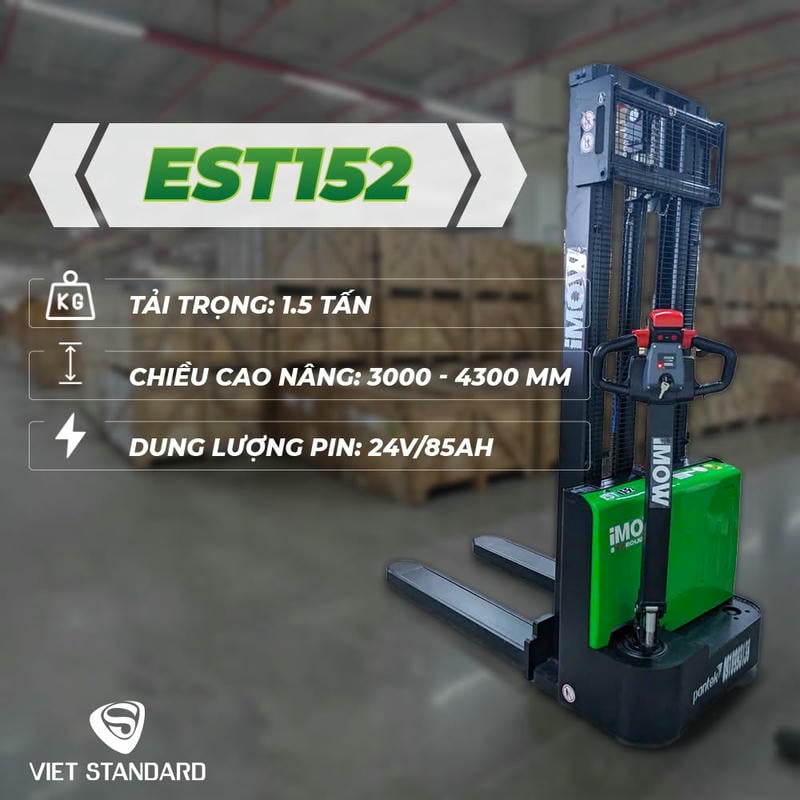 Xe nâng điện stacker đứng lái nâng cao 4.5m phù hợp kho hẹp, tải 1.0–2.0 tấn