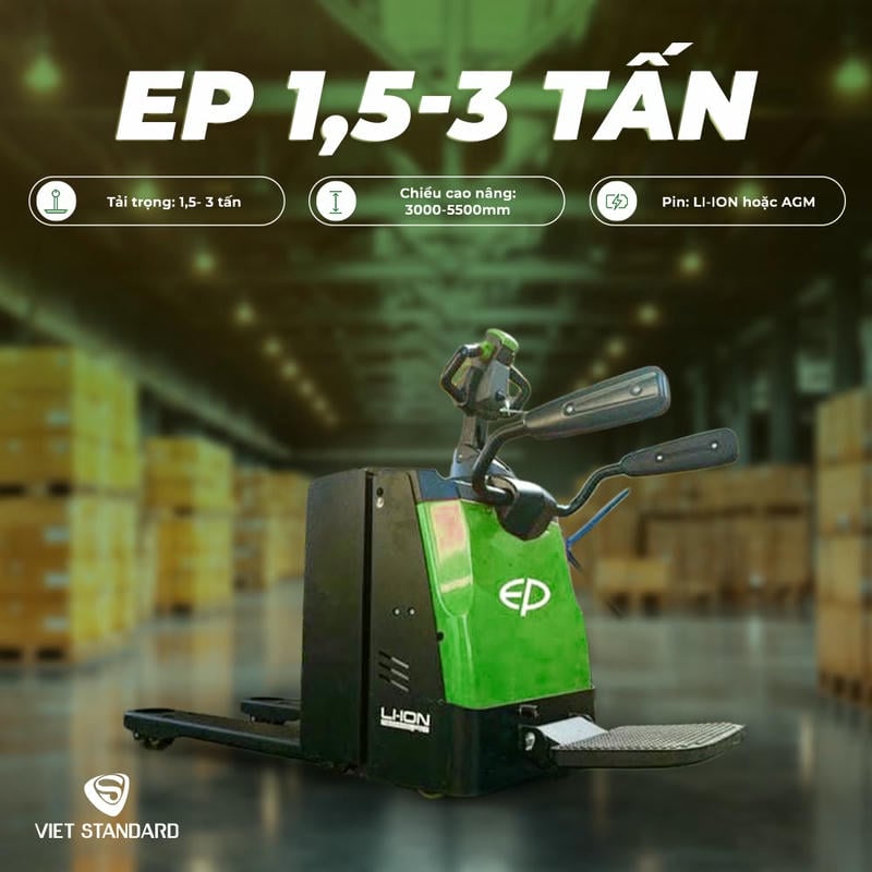 Xe nâng tay điện 1.5 tấn thường phục vụ kho thương mại điện tử, siêu thị